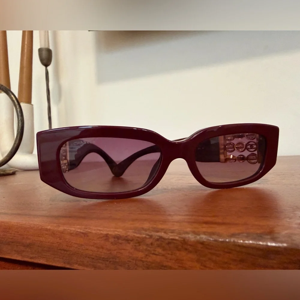 Chanel Burgundy Rectangular Sunglasses with Quilted Case